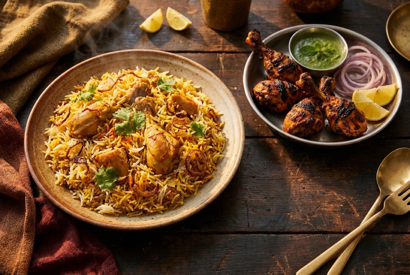 Hot biryani with mini kalmi kebabs