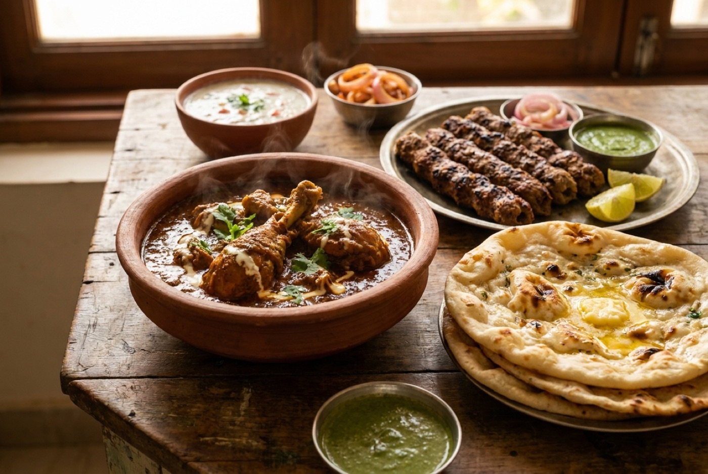 A North Indian non-veg spread with curry and kebabs