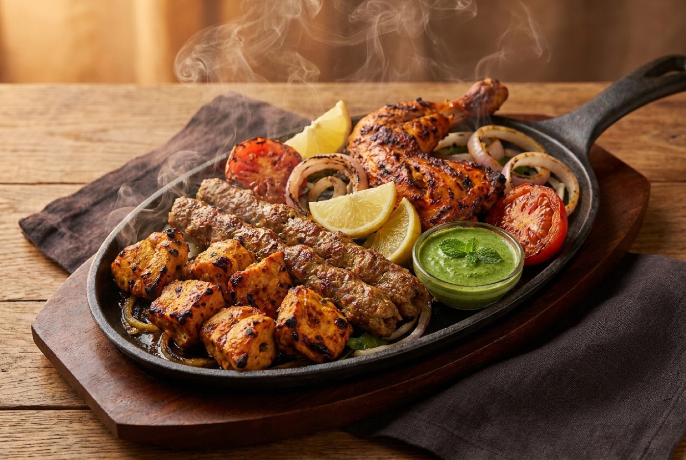 A sizzling platter of tandoori grills