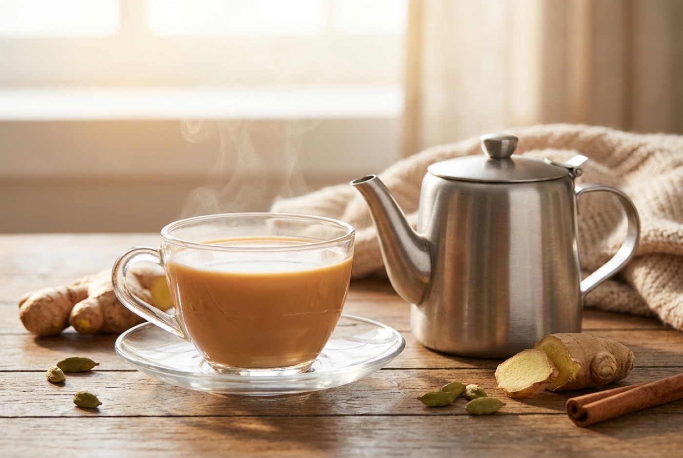 A glass of masala chai with ginger and cardamom