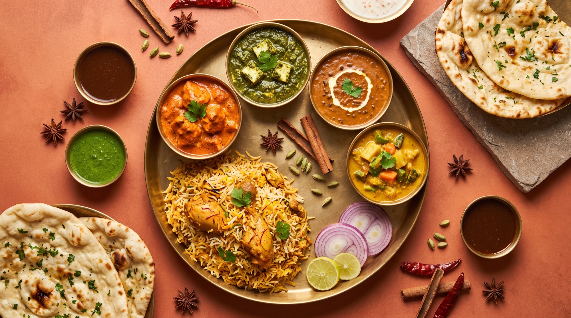 A vibrant overhead spread of Indian food