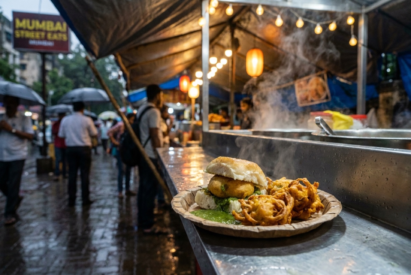 Vada pav and pakoras at a Mumbai street stall in the rain