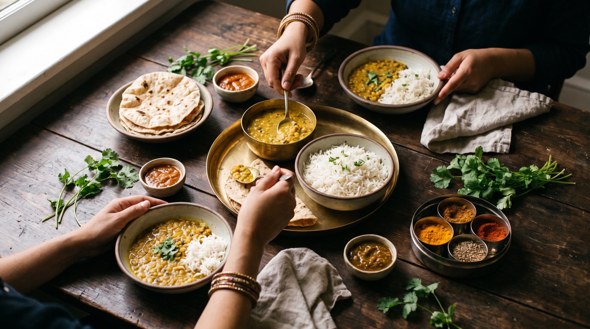 An overhead view of a shared Indian meal — dal, rice, rotis and chutneys — with hands reaching in to serve