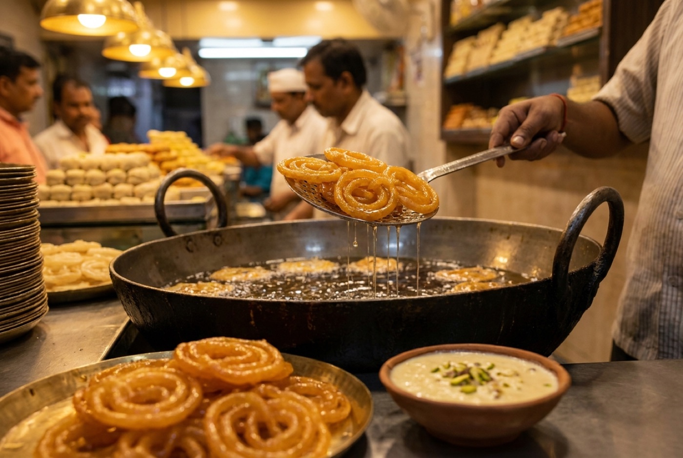 Jalebi spirals being fried, with rabri