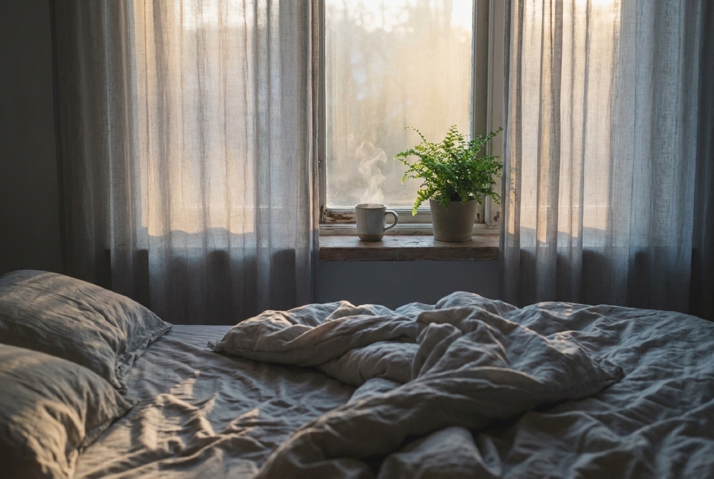 Soft dawn light entering a dim room, a cup of tea and a small plant on the windowsill