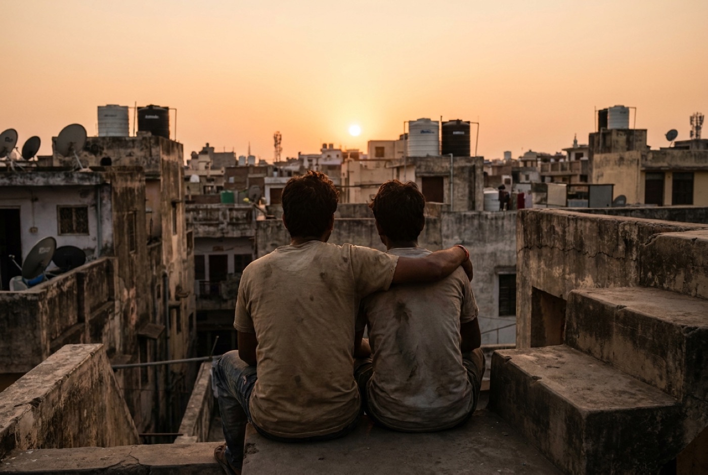 Two friends sitting side by side on rooftop steps at dusk, one hand resting on the other's shoulder